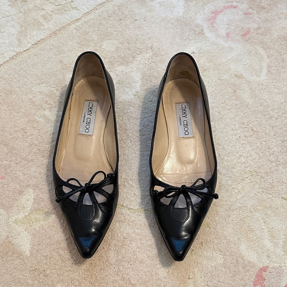 Jimmy Choo Black Leather Flats with Bow Detail
